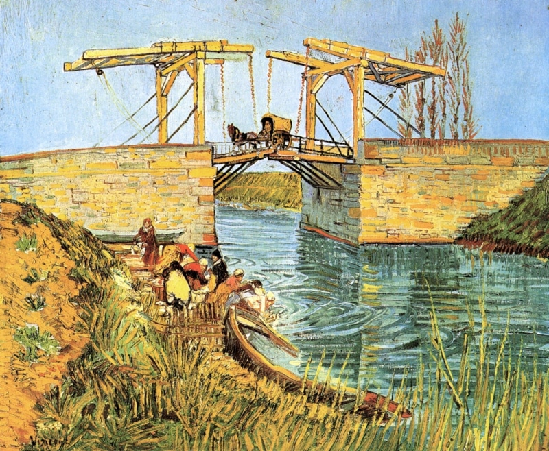 women washing, The Langlois, Vincent van Gogh, bridge, coach, Bridge at Arles, 1080P, boat