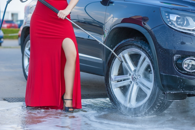 wheel, fashion, car maintenance, young adult, dress, one person, women, washing, car, high heels, woman, transportation, pressure, using, clean, standing