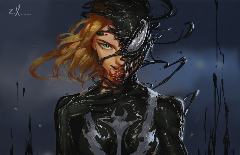 1080P, gwenom, artwork, women, green eyes, tongue out, Venom, 2018 (Year)