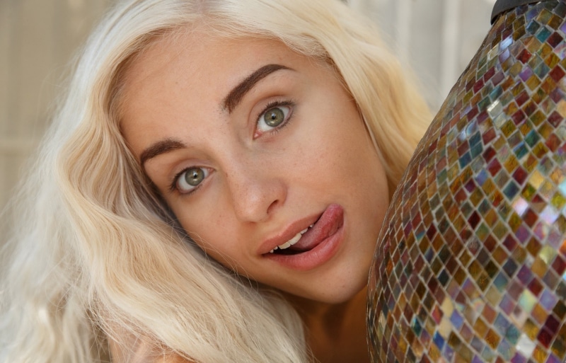 1080P, blonde, long hair, women, looking at viewer, tiles, colorful, portrait, Naomi Woods, model, tongues, face, tongue out