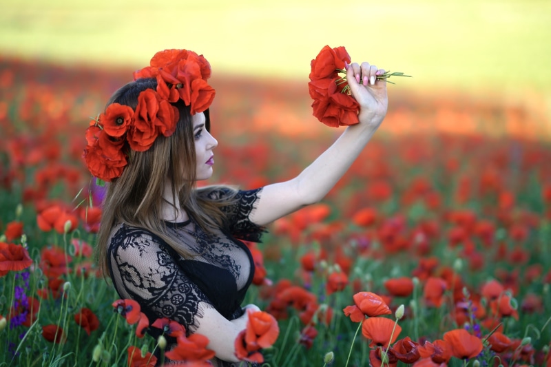 2K, lace, women outdoors, sideboob, see-through clothing, cleavage, women, depth of field, red flowers, flowers