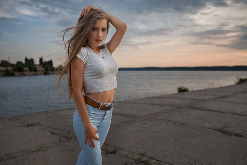 women outdoors, lifestyles, blonde, fashion, sea, water, sunset, young adult, hairstyle, looking at viewer, looking at camera, beautiful woman, open mouth