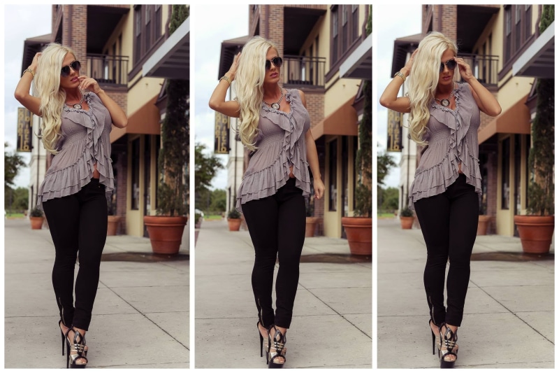 ruffled, sunglasses, purple, women with shades, 1080P, platinum blonde, tight clothing, s, women, collage, Aida Ridic, blouse