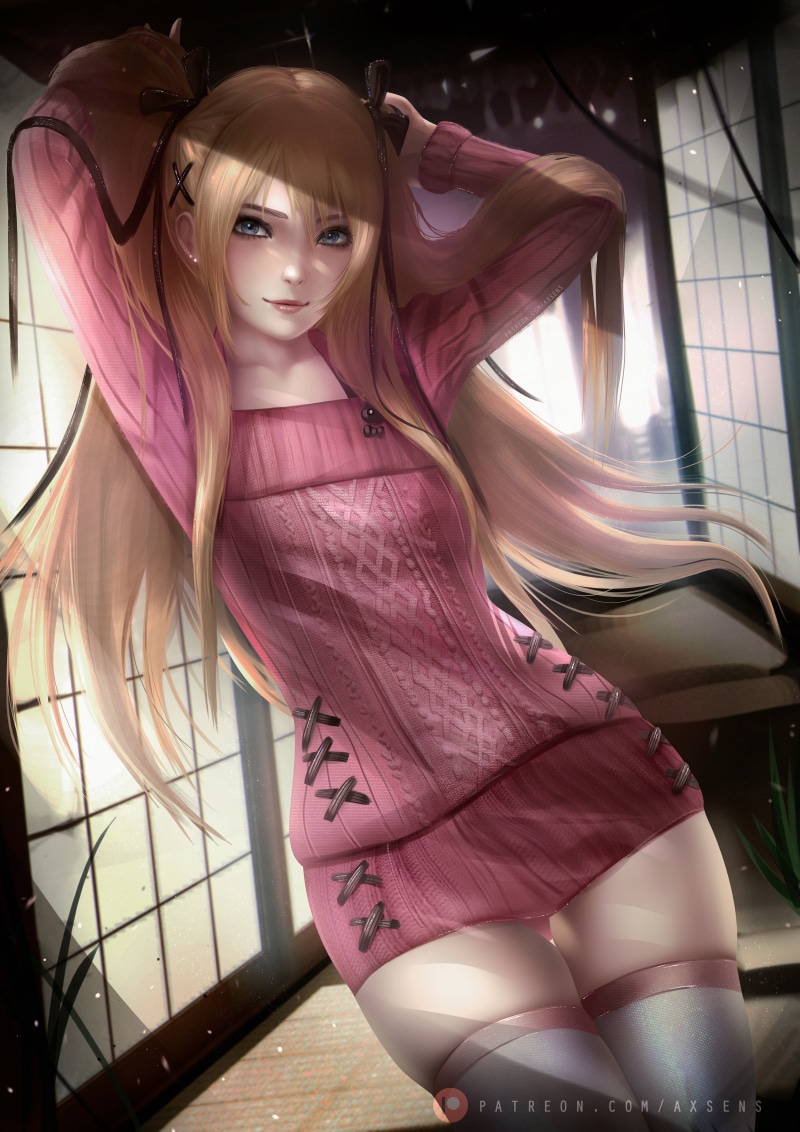 digital painting, Marie Rose, video game characters, axsens, looking at viewer, anime girls, pink dress, portrait display, hands on head, digital art, arms up