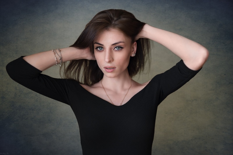 hairstyle, 1080P, beauty, arms up, hand in hair, Dmitry Shulgin, front view, hair, hands behind head, beautiful woman, one person, long hair, arms raised