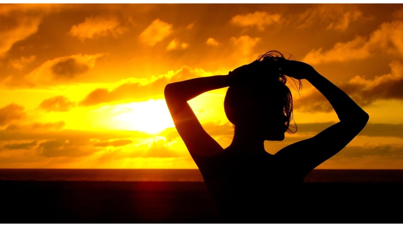 landscape, mountain, scenery, life, hands behind head, adult, arms raised, sunlight, evening, horizon, star, cloud, exercising, outdoor, sun, sea, orange