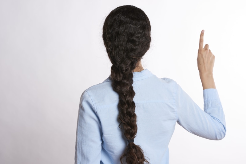 hair, adult, person, back, female, waist up, young, human arm, standing, business person, one person, females, communicate, head, women, 5K, point, studio shot