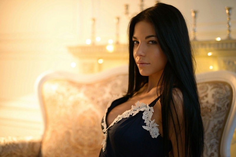 real people, portrait, long hair, lifestyles, lights, focus on foreground, hair, one person, black hair, Anton Pechkurov, beautiful woman, indoors, model