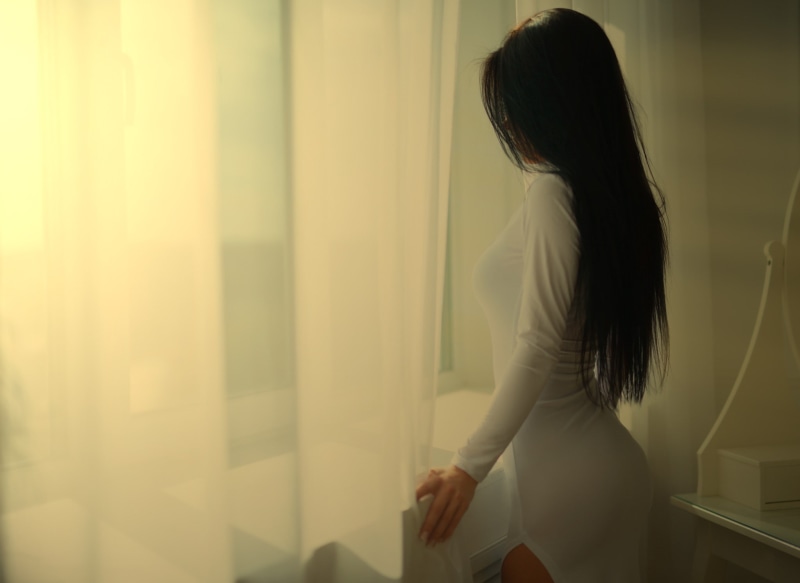 white dress, window, women, 1080P, black hair, Marina Shimkovich, long hair