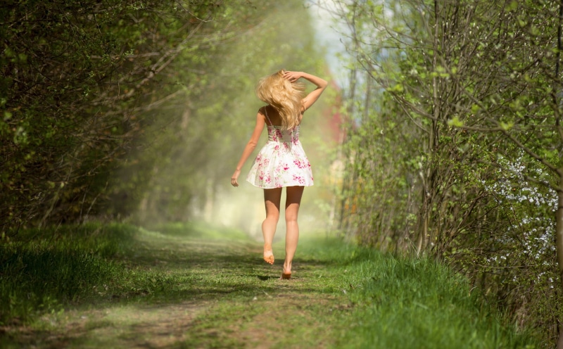 beauty, Yana Kuzmina, shadow, gait, dress, loose, bokeh, light, trees, back, figure, girl, Anton Pechkurov, forest, view, spring, hair, grass, legs, 1080P