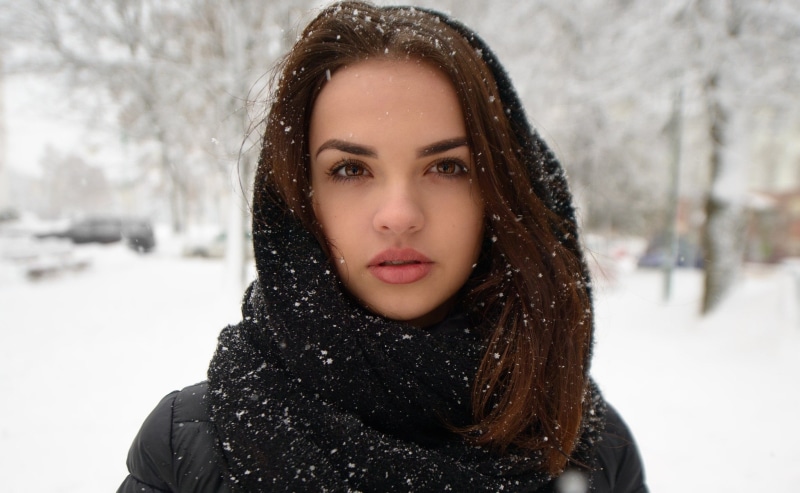 lips, atmosphere, jacket, brunette, winter, portrait, beautiful, the expression, hair, wonderful, sweetheart, snow, white, face, girl, Anton Pechkurov