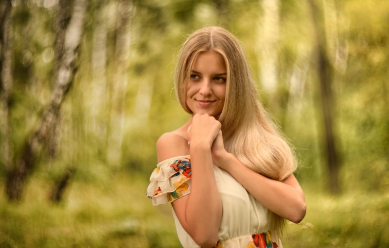 face, natural, smile, dress, the beauty, forest, beautiful, blonde, beauty, handle, young, inspiration, Anton Pechkurov, Nastya, nature, portrait, long-haired
