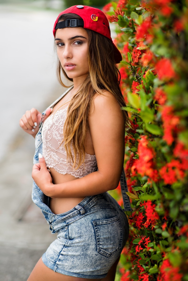 model, crop top, white nails, women outdoors, beautiful people, portrait, looking at viewer, summer, hair, depth of field, outdoors, beautiful woman, overalls