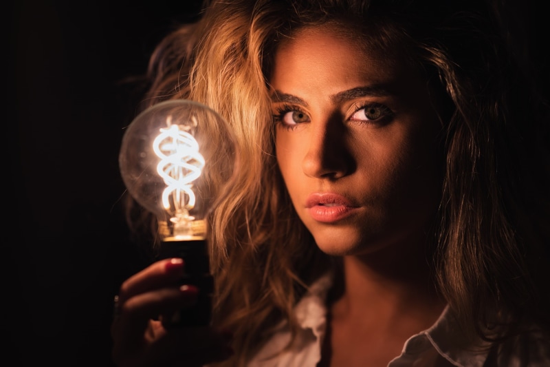 headshot, portrait, illuminated, young adult, light bulb, dark, 1080P, clock, human face, Christopher Rankin, young women, adult, women, black background