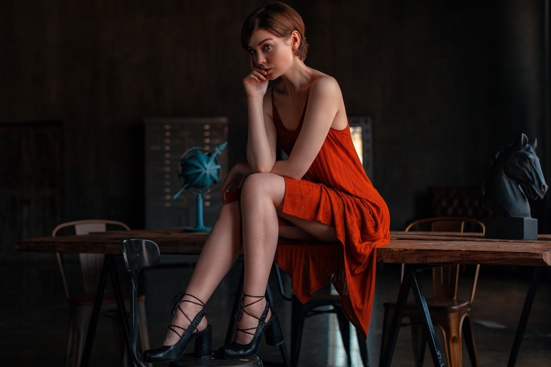 looking, luxury, beauty, 1080P, young women, touching face, heels, chair, portrait, beautiful people, elegance, shoe, women indoors, dress, tattoo, seat