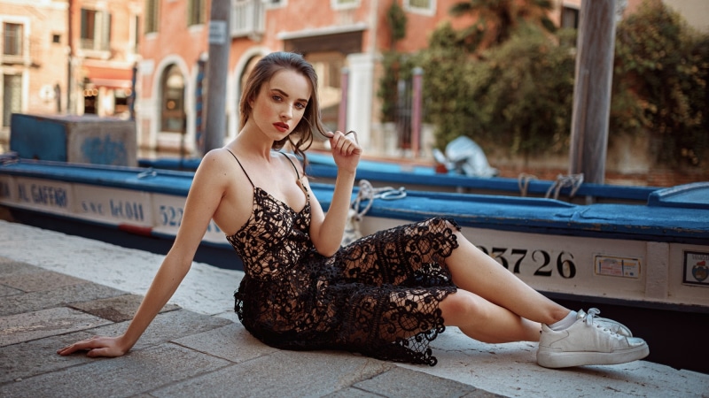 brunette, touching hair, 1080P, portrait, sitting, dress, looking at viewer, outdoors, Georgy Chernyadyev, boat, socks, women, model, sneakers, depth of field