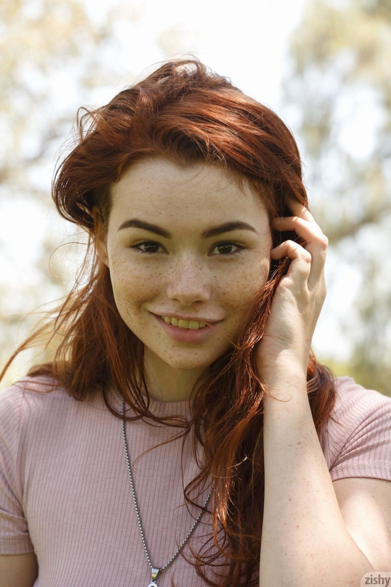 smiling, touching hair, zishy, women, model, 1080P, redhead, looking at viewer, Sabrina Lynn, portrait
