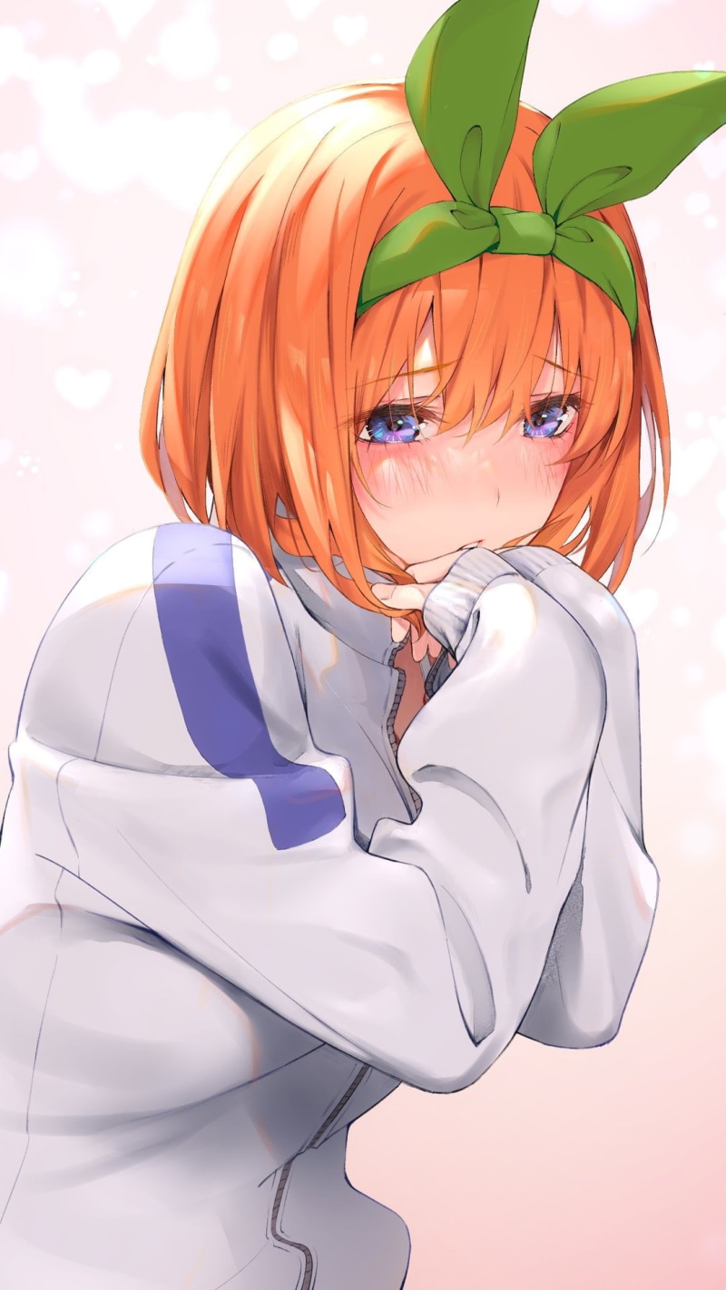 hair in face, anime, JK, fan art, short hair, white jacket, bangs, Nakano Yotsuba, 2D, looking at viewer, anime girls, arched back, 1080P, redhead, blue eyes
