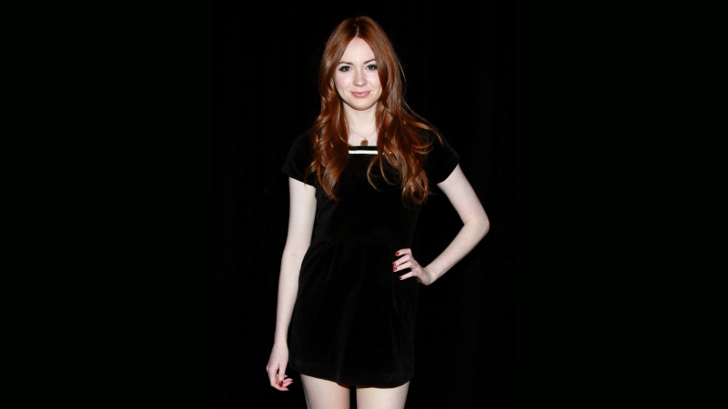 hands on hips, black background, redhead, 4K, pale, actress, celebrity, Karen Gillan, dress, women