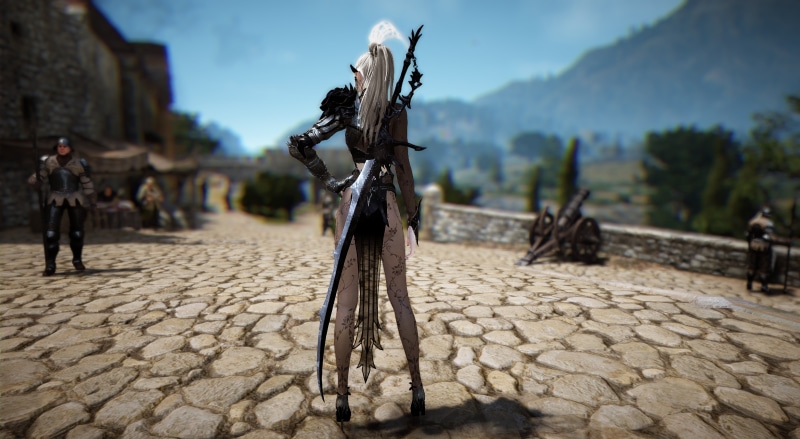 focus on foreground, sculpture, Black Desert, white hair, legs, outdoors, day, black desert online, long sword, stockings, nature, hands on hips, bicycle
