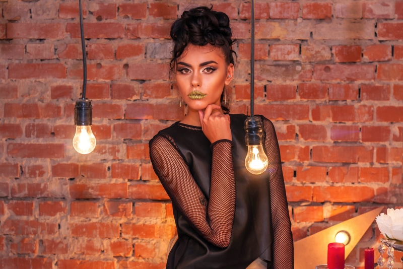 mesh, sleeve, illuminated, portrait, Cool, rockprincess, women, red, lifestyles, one woman only, Model, isolated, brick wall, only women, young women, wearing