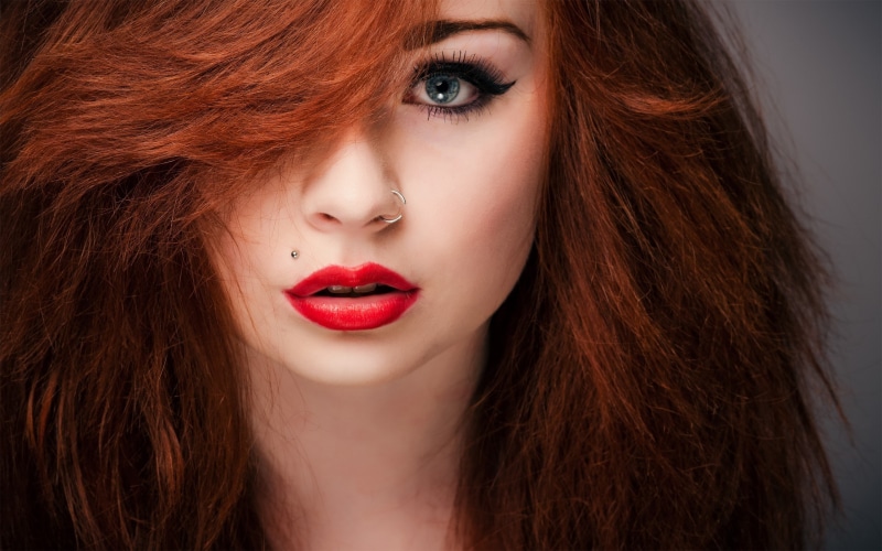 long hair, looking at viewer, piercing, nose rings, open mouth, women, red lipstick, blue eyes, redhead, portrait, face, 2K, model, pierced nose