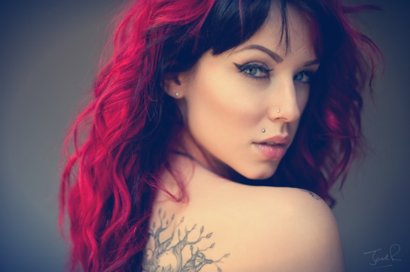 headshot, women, looking at camera, one person, front view, pierced nose, face, beautiful woman, beauty, indoors, back, young adult, Jack Russell, hairstyle