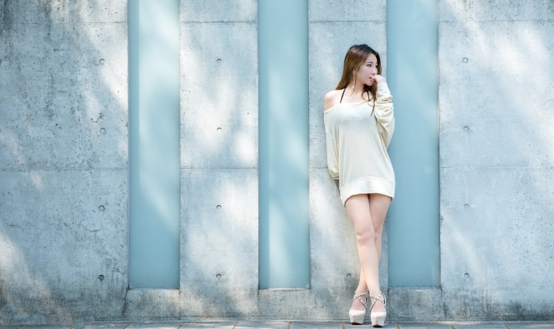 casual clothing, full length, architectural column, architecture, built structure, Asian, young women, front view, beauty, minidress, adult, model, waiting
