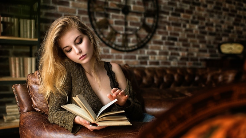 book, library, young women, hair, Irina Popova, reading, sitting, model, dress, young adult, bookshelf, books, brick, holding, women, beautiful woman, adult
