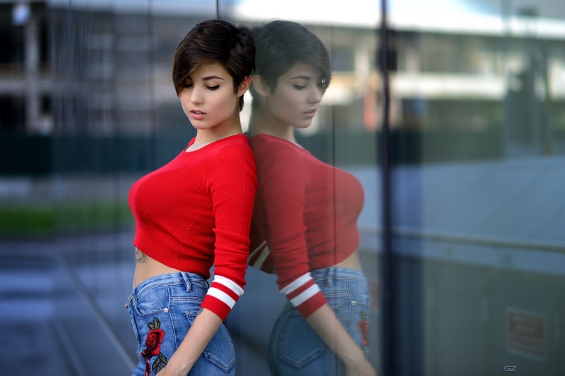 denim, reflection, portrait, open mouth, Giorgia Soleri, Giovanni Zacche, brunette, tattoo, women, red tops, 1080P