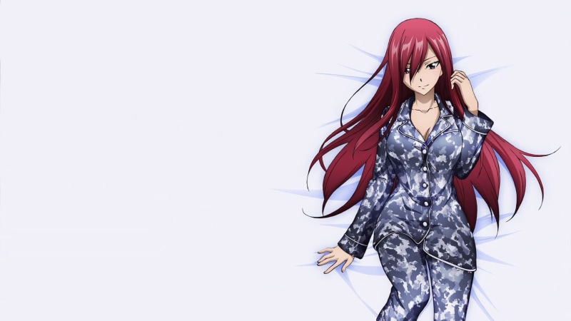 beauty, beautiful people, hair, three quarter length, dress, anime, women, lying on back, copy space, Fairy Tail, Scarlet Erza, looking at camera, young adult