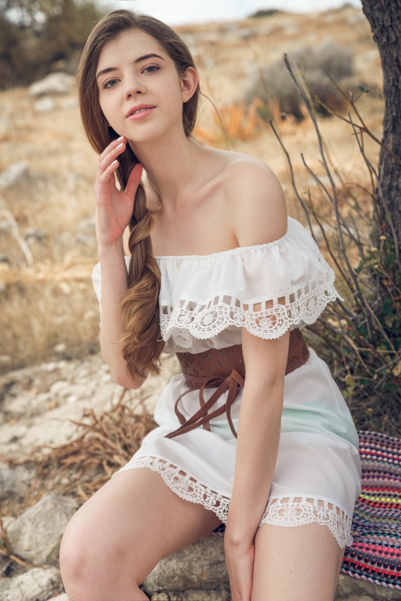 women outdoors, fashion, land, Kay J, long hair, touching face, hairstyle, bare shoulders, adult, outdoors, beautiful people, portrait, white dress, beautiful woman