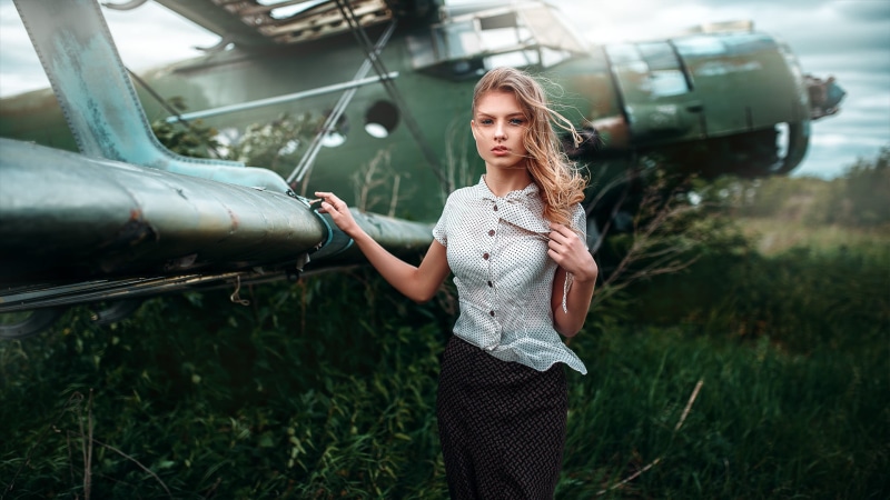 looking at viewer, women, mode of transportation, casual clothing, shirt, blue eyes, young adult, young women, three quarter length, hair in face, females