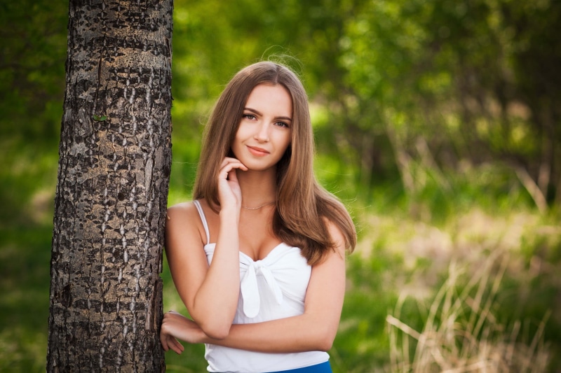 Aleksei Gilev, 1080P, beautiful woman, long hair, beauty, standing, contemplation, young adult, plant, hairstyle, portrait, face, women, focus on foreground