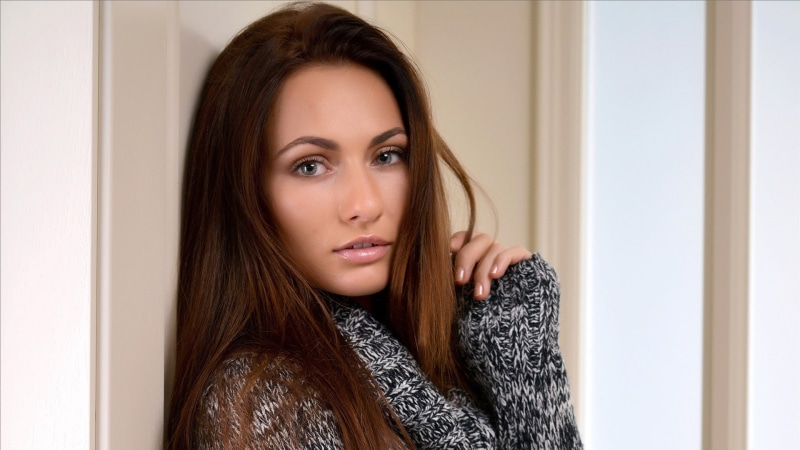 straight hair, model, women, long hair, sweater, Michaela Isizzu, brunette, touching hair, face, 1080P, looking at viewer