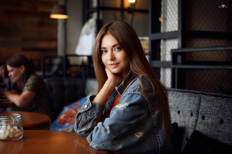 women, Dmitry Arhar, beauty, waist up, touching face, happiness, indoors, beautiful woman, brunette, lifestyles, cafes, sitting, table, young women, bar - drink establishment