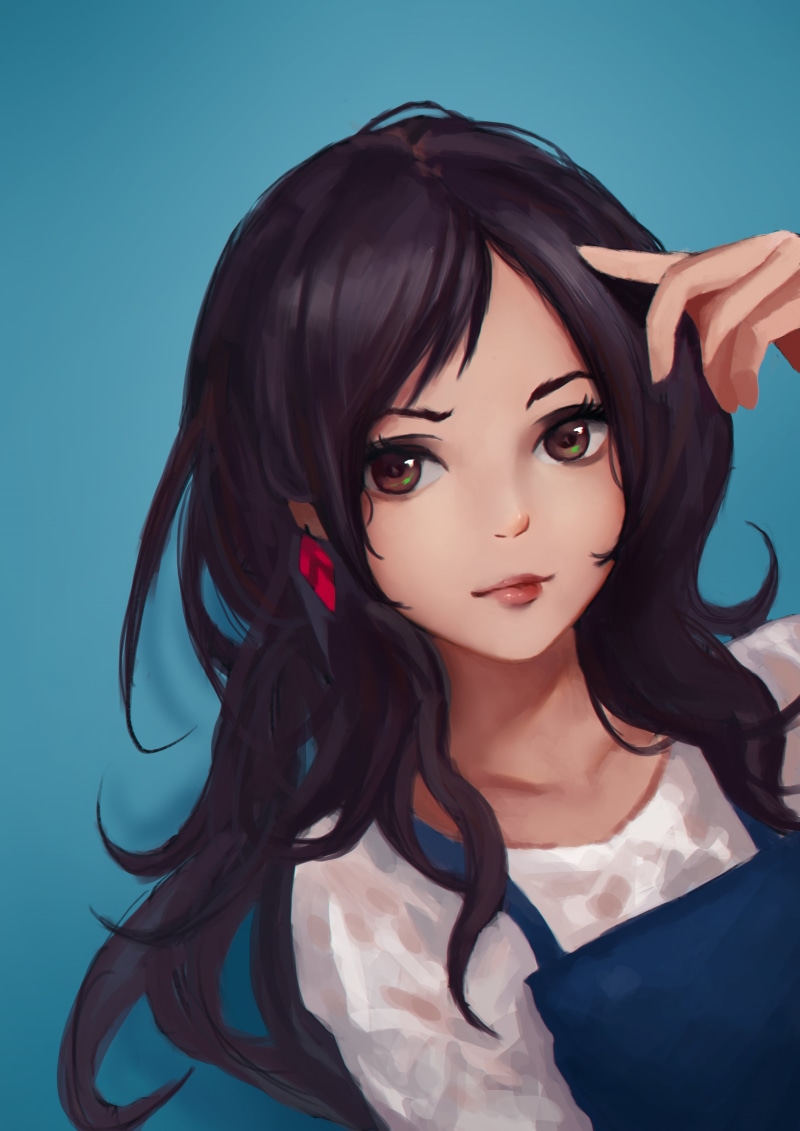 touching hair, brown eyes, face, long hair, Ke Xue, 2K, original characters, illustration, drawing, anime, digital painting, simple background, looking at viewer