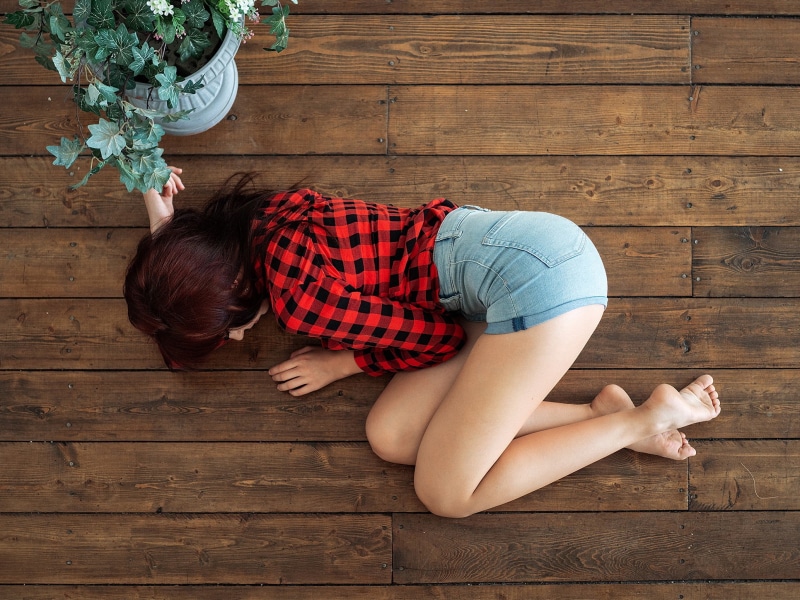 1080P, plants, jean shorts, women, high waisted short, brunette, wooden surface, on the floor, plaid shirt, top view