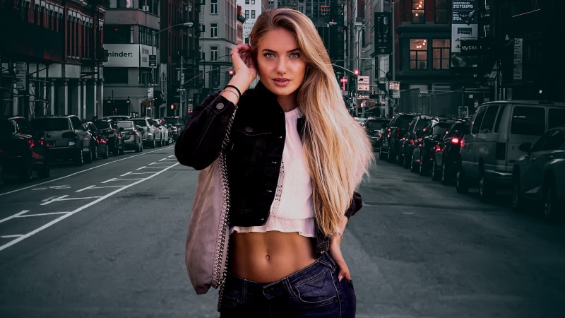 belly button, athlete, long hair, women, 1080P, Alica Schmidt, blonde, bag, looking at viewer, jeans, city, road, denim jacket, Composite