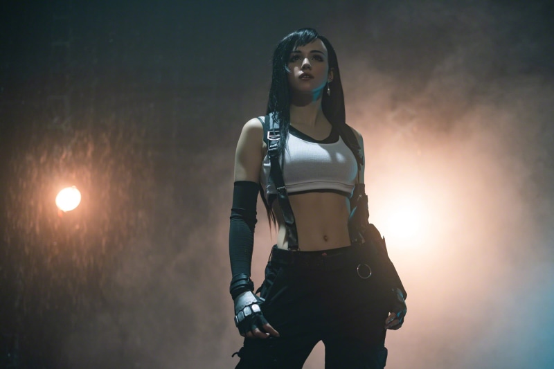 model, white tops, belly button, video game girls, cosplay, Final Fantasy, suspenders, Shirogane Sama, parted lips, Final Fantasy VII, belly, black hair