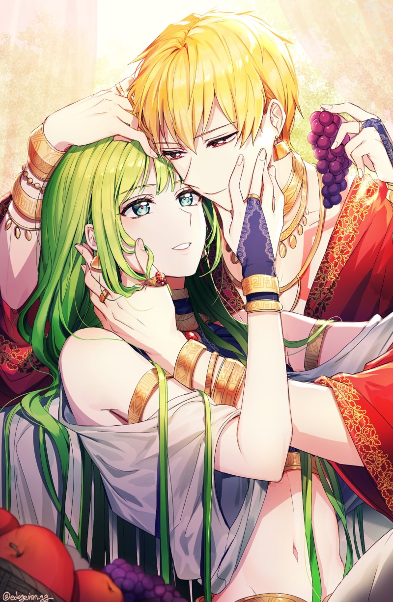 Enkidu (FGO), gold bracelet, Gilgamesh, 2D, fan art, green hair, short hair, red eyes, Fate Series, belly button, vertical, anime boys, FGO, touching hair