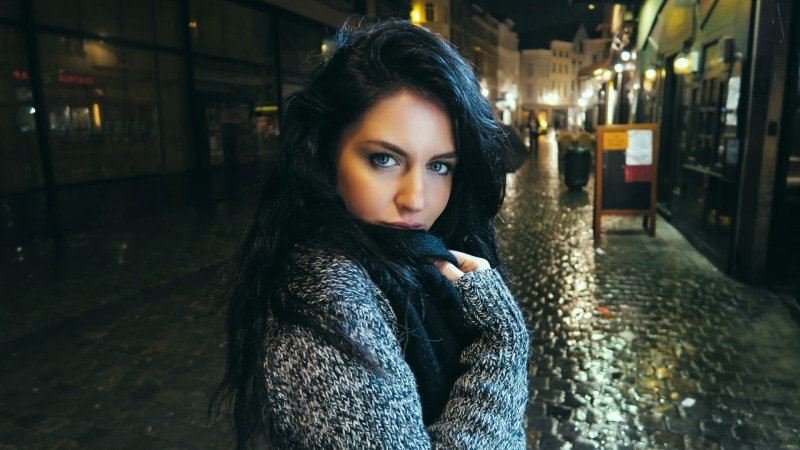 long hair, teenager, city, women, gray, warm clothing, David Olkarny, hairstyle, Aurela Skandaj, headshot, young adult, s, night, portrait, black hair