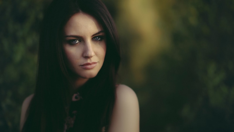 long hair, serious, young women, contemplation, looking at camera, 1080P, real people, tree, forest, Aurela Skandaj, David Olkarny, focus on foreground