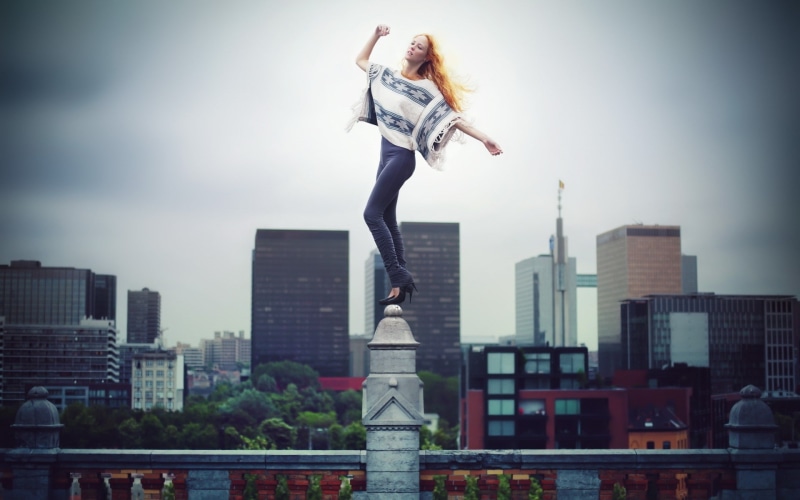 women, 1080P, closed eyes, cityscape, David Olkarny, leggings, redhead