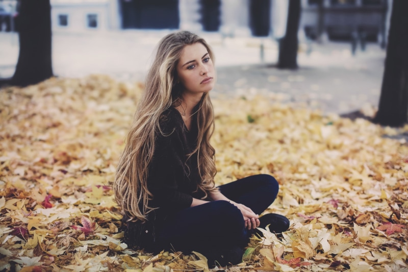 black clothing, women, looking away, Camille Rochette, David Olkarny, 1080P, blonde, women outdoors, sitting