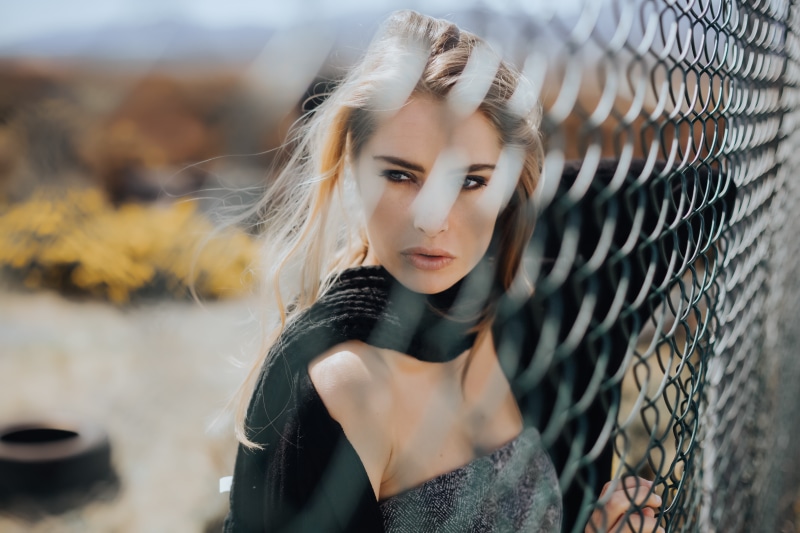 blonde, Camille Rochette, women, blue eyes, open mouth, fence, David Olkarny, scarf, 5K, looking into the distance