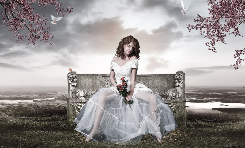 flowers, brides, spread legs, bench, 1080P, fantasy art, women, fantasy girl, model