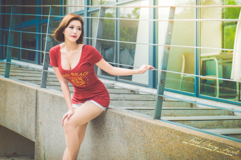 women outdoors, short hair, cleavage, looking away, adult, auburn hair, red dress, full length, outdoors, young adult, day, 5K, standing, leisure activity