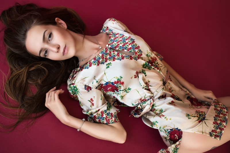 Matan Eshel, brown eyes, indoors, brunette, fashion, studio shot, lying down, hairstyle, hair, Masha Falko, portrait, beautiful woman, one person, young adult