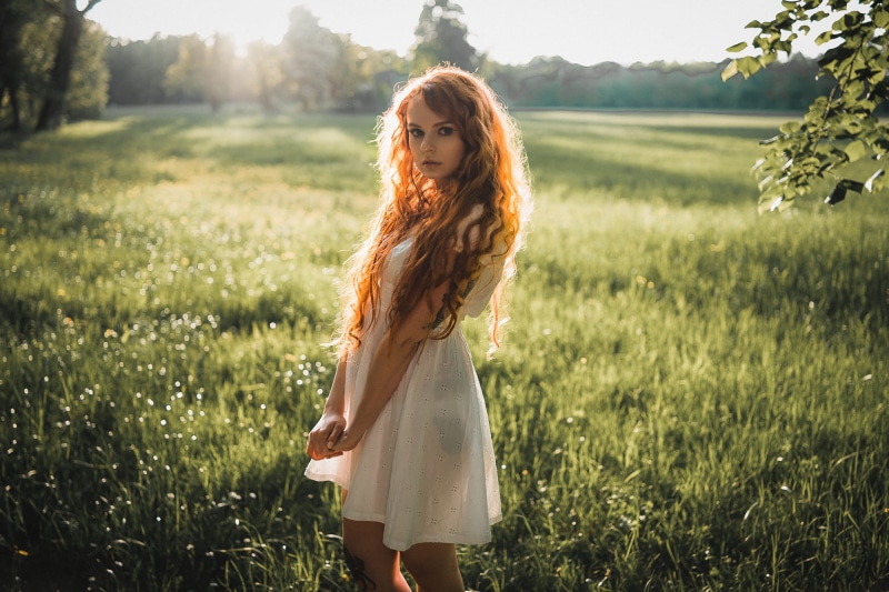 beautiful woman, 1080P, standing, hairstyle, nature, freedom, grass, redhead, one person, fashion, plant, land, field, women, young adult, young women